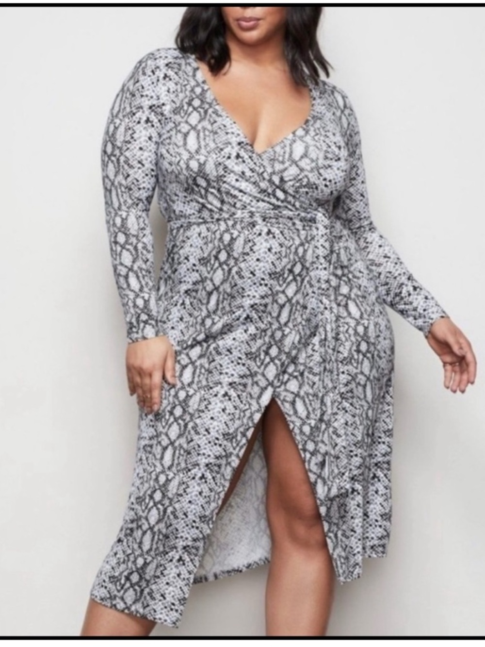 Good American Long Sleeve Faux-Snake Wrap Dress in Gray